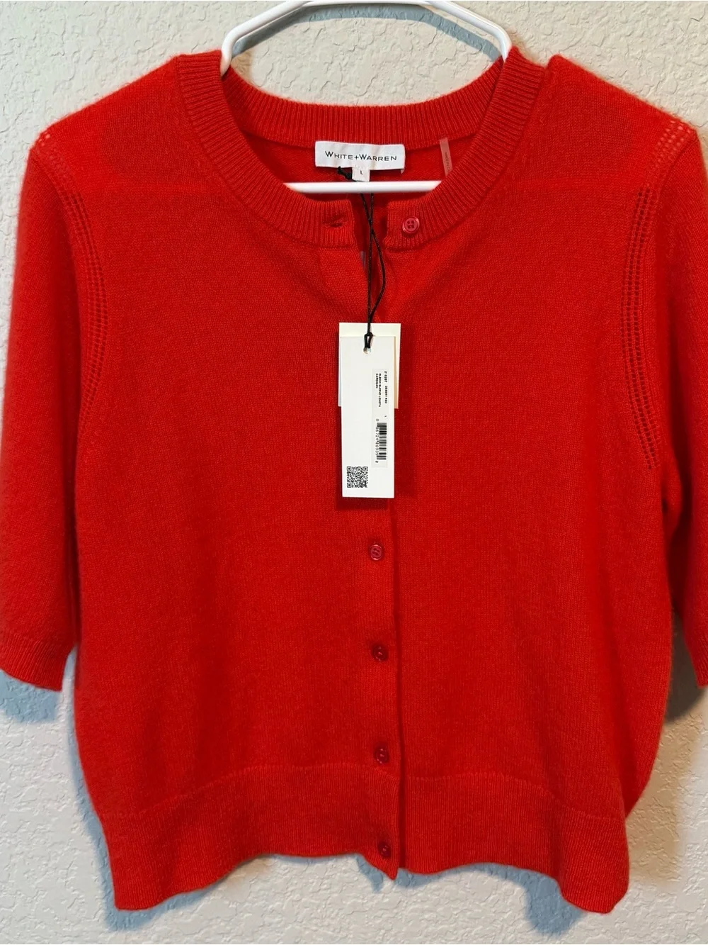 White + Warren 100% Cashmere Short-Sleeve Cardigan in Color Desert Red NWT - Picture 1 of 5